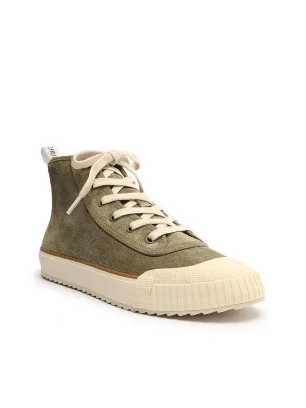 SCHUTZ Olive Suede High-Top Sneaker with Cream Accents